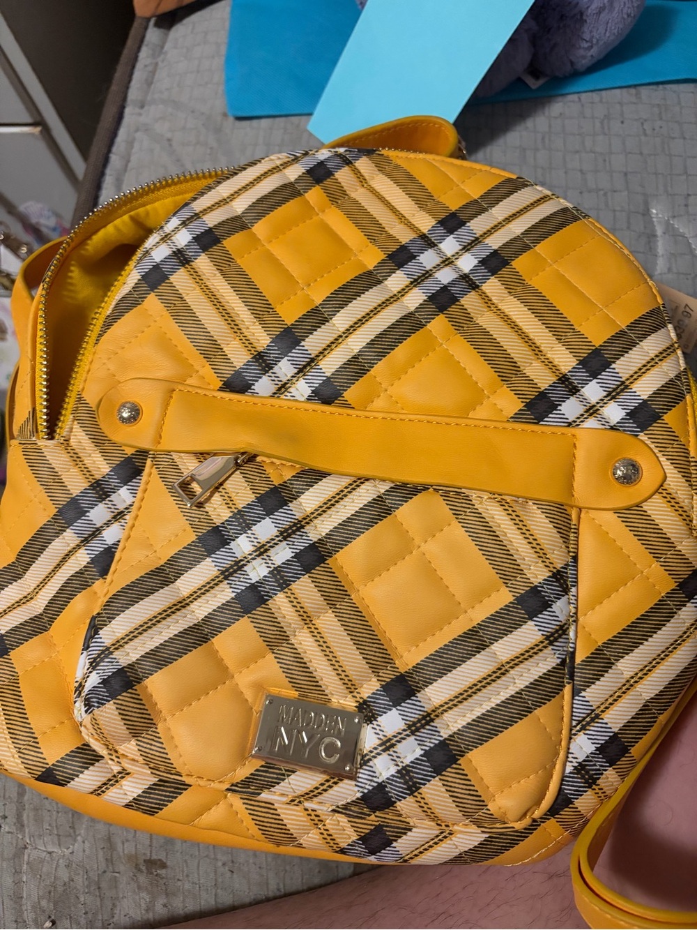 Steve Madden Yellow Quilted Plaid Mini Backpack